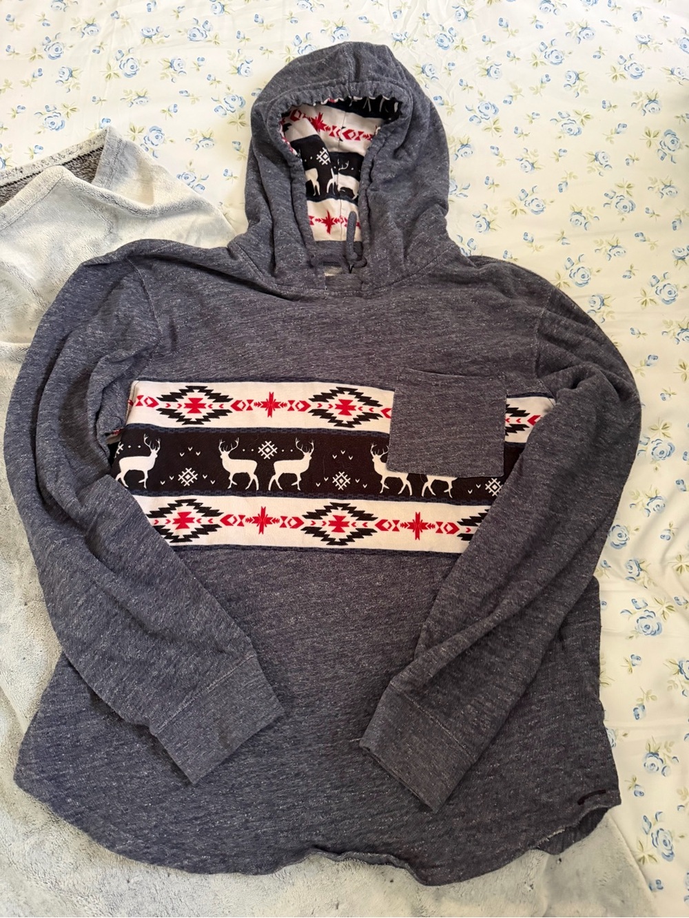 On The Byas Gray Hooded Zip-Up Sweater with Reindeer Fair Isle Panel